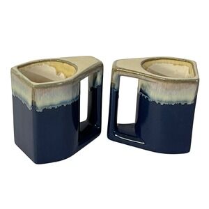 Set/2 Rodolfo Padilla Stoneware Pottery Teal Blue Beige Ombré Coffee Mugs Signed